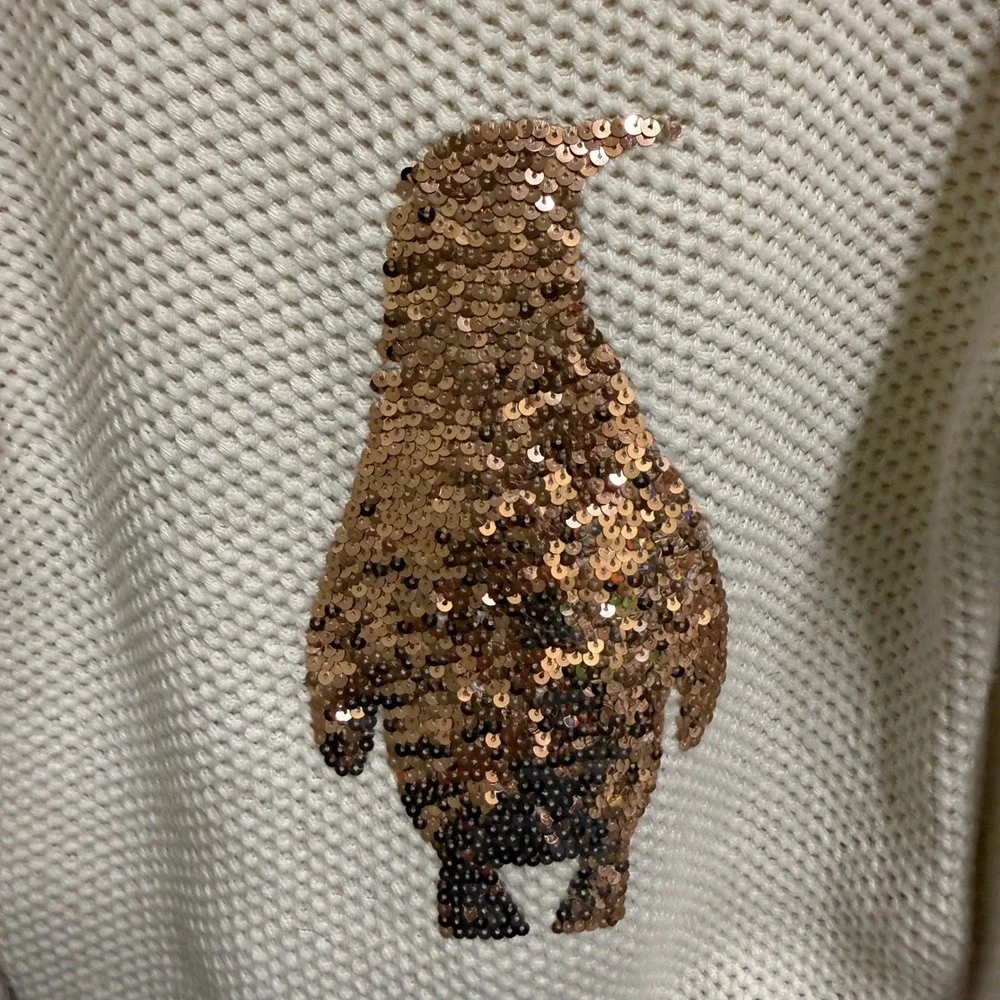 GapKids Girls XL 12 Cream Chunky Knit Sequin Penguin‎ Pullover Sweater Copper